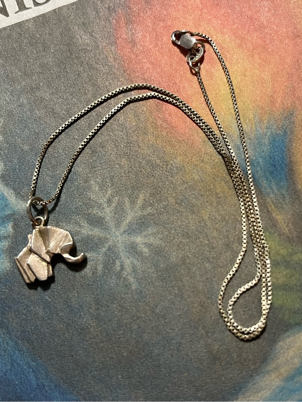 Vintage Sterling Silver 925 Origami Elephant Pendant Necklace Box Chain